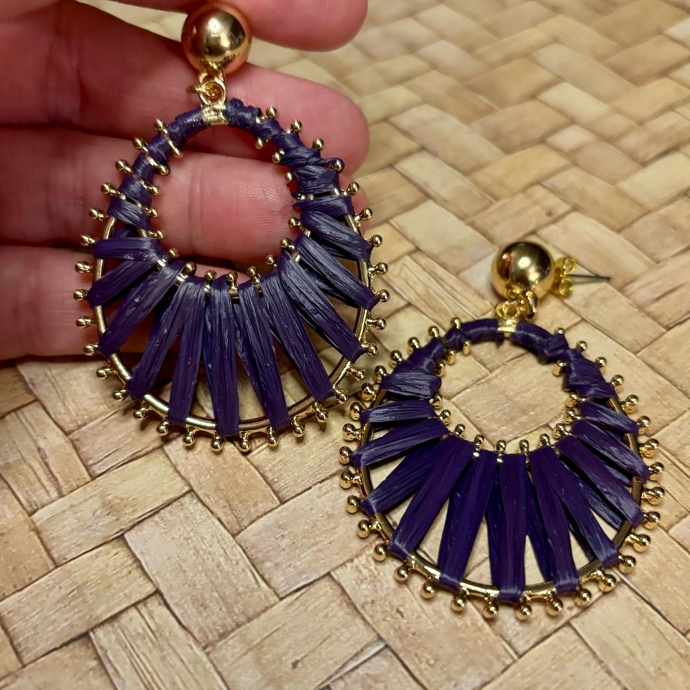 Gold Plated Sterling Silver Purple Straw Strapped Tear Drop Shape Earrings!